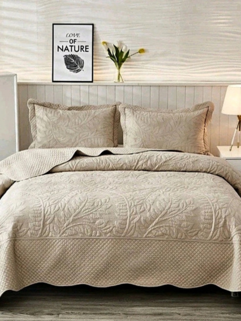 MarCielo 3-Piece King Quilt Set Oversized Cotton Bedspread Natural Beige
